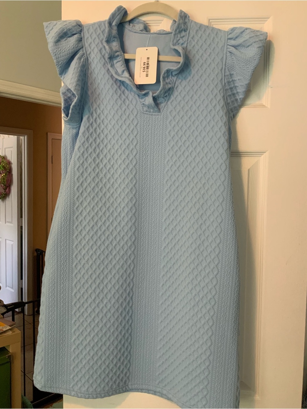 Light Blue Textured Knit Ruffle Ladies shirt Dress